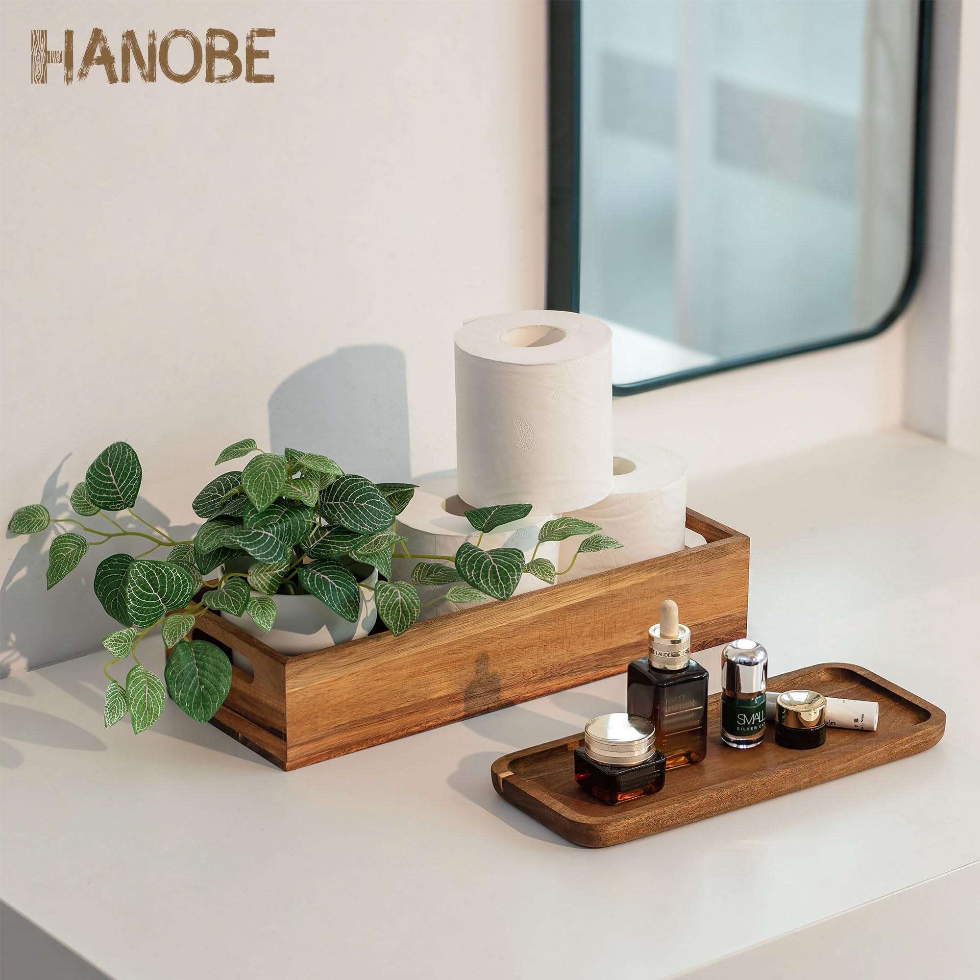 Toilet Tank Basket Wood Bathroom: Hanobe Set of 2 Wooden Toilet Paper Basket Topper with Vanity Tray Back of Toilet Organizer Acacia Toiletry Storage Holder Box