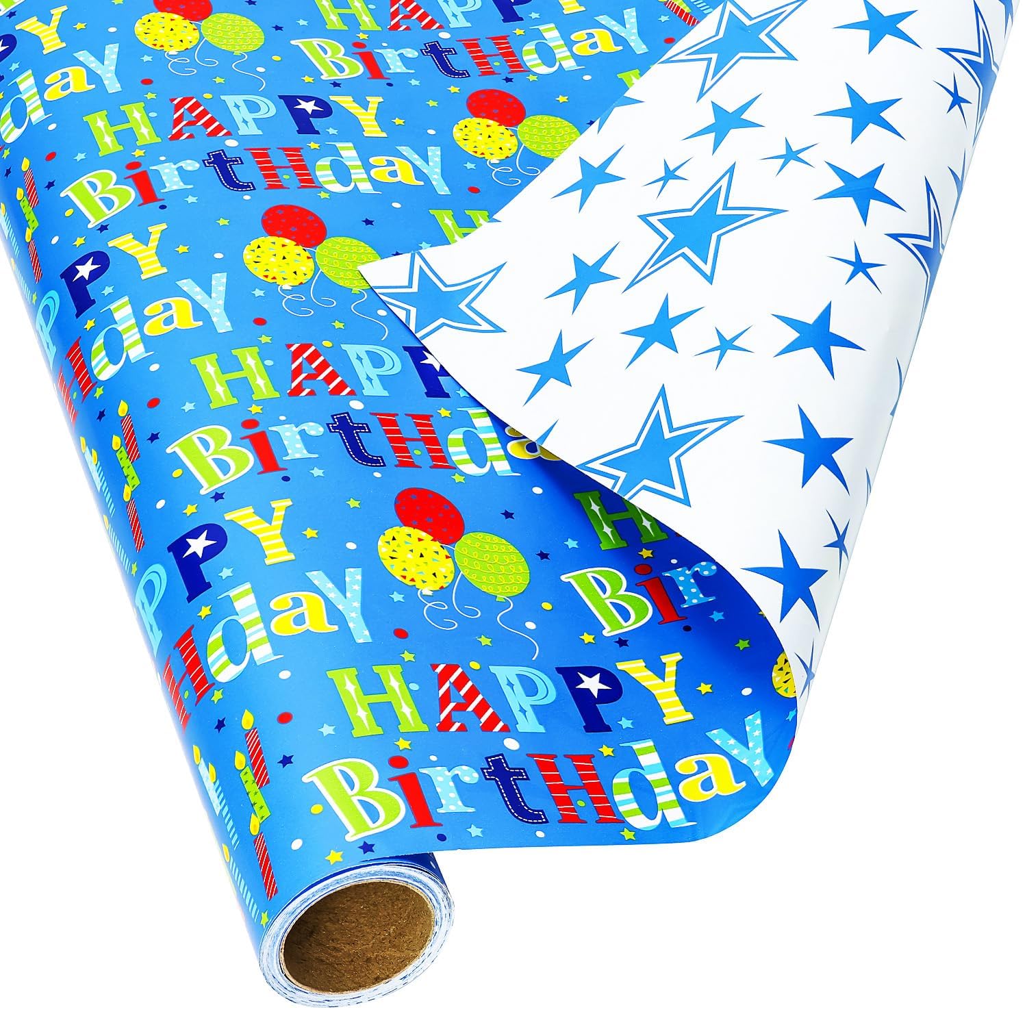 BOLIANNE Reversible Birthday Wrapping Paper for Boys Girls Kids Adults Baby Shower - Colorful Happy Birthday Gift Wrap Paper for Party - Gift Wrapping Paper Roll, 17.7 Inch X 33 Feet, High Gloss