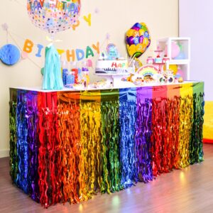 lolstar rainbow party decorations, 2 pack wavy metallic tinsel foil fringe table skirts, perfect table decors for birthday holiday wedding engagement bridal shower unicorn pride party cartoon party