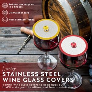 Luxury Stainless Steel Wine Glass Covers to keep bugs out. Set of 4 Bug-Free Outdoor Drink Cup Covers for Drinks, Vino, Coffee, Tea, Beer. Keep Your Drinks Free from Flies, Bees, and Insects!