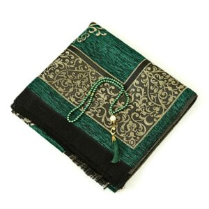 Prien Prayer Rug with Tasbih | Muslim Carpet | Praying Mat with Prayer Beads | Islamic Gifts for Women Men | Islam Portable Pray Set for Travel Kids Ramadan Namaz Hajj Umrah (Green)