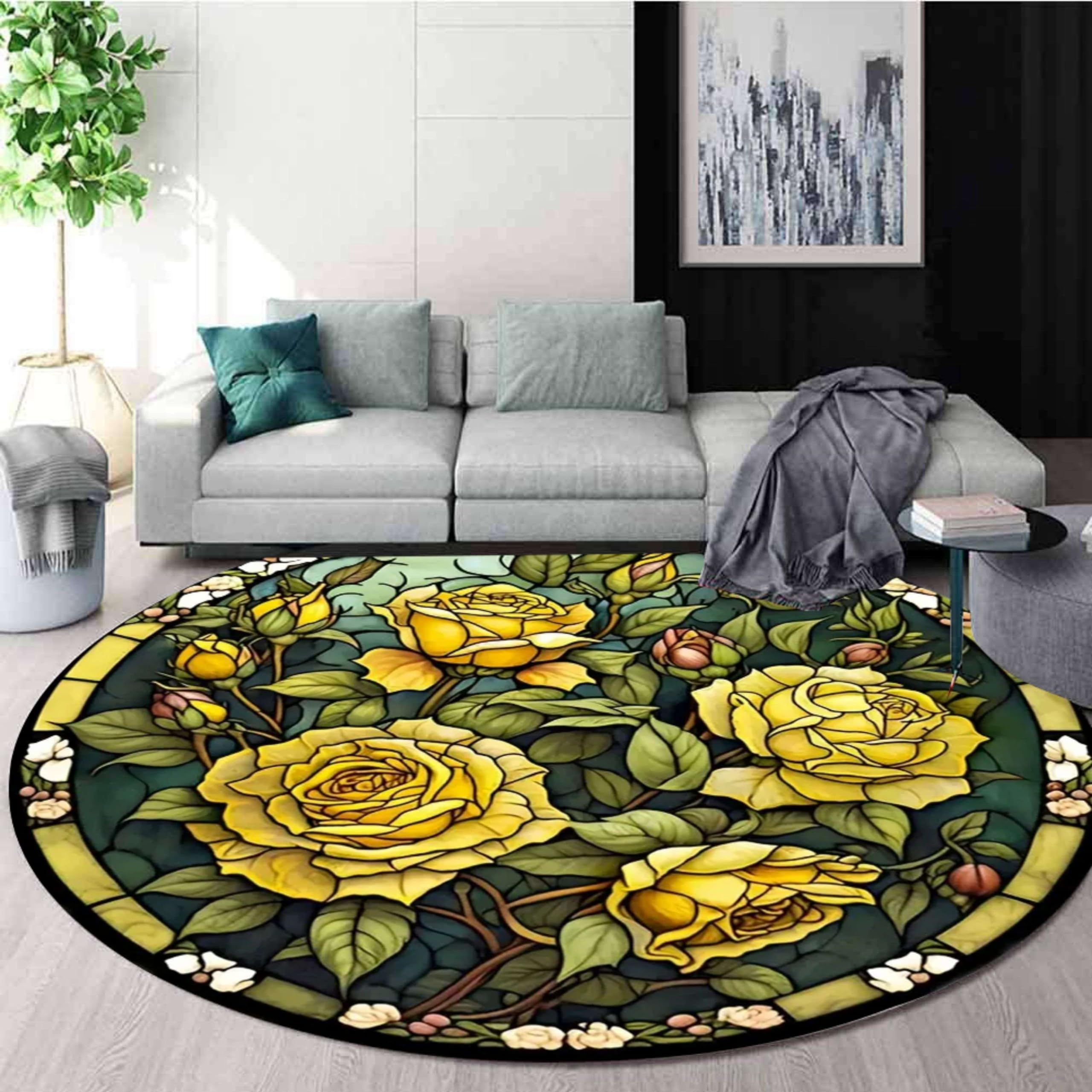 LHOMKCV Vintage Floral Round Area Rug,4ft,Yellow Roses Green Leaves on Dark Green Background Design Rugs, Non Slip Washable Throw Rug Carpet, Rustic Circle Rug for Kitchen Bedroom Living Room