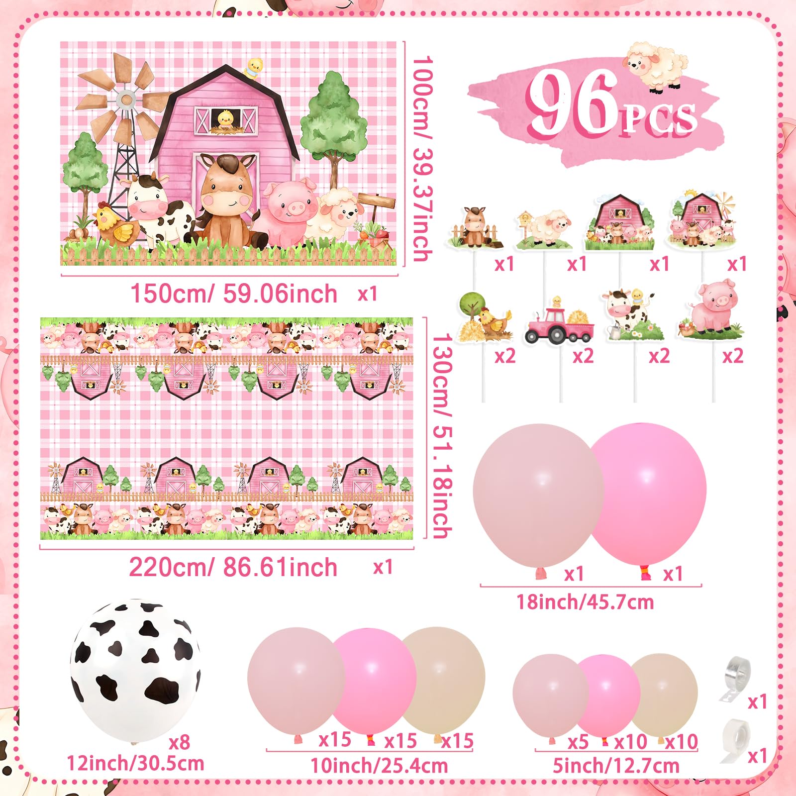 Farm Animal Themed Party Decoration for Girl,Farm Barn Animals Backdrop Banner Farmhouse Animals Decor Party Tablecloth Balloon Arch Garland Kit for Birthday Photography Baby Shower Party Supplies