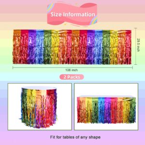 LOLStar Rainbow Party Decorations, 2 Pack Wavy Metallic Tinsel Foil Fringe Table Skirts, Perfect Table Decors for Birthday Holiday Wedding Engagement Bridal Shower Unicorn Pride Party Cartoon Party