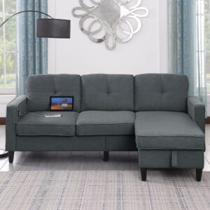 hooxnome convertible sectional sofa couch 3 seater with ottoman, linen fabric l shape sofa compact small couch for living room with reversible chaise, with large storage and usb function (grey)