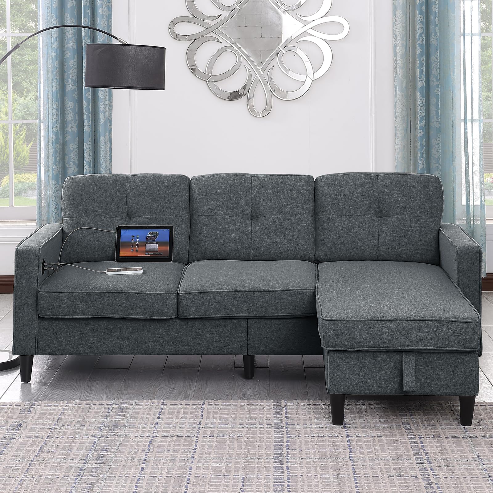 hooxnome Convertible Sectional Sofa Couch 3 Seater with Ottoman, Linen Fabric L Shape Sofa Compact Small Couch for Living Room with Reversible Chaise, with Large Storage and USB Function (Grey)