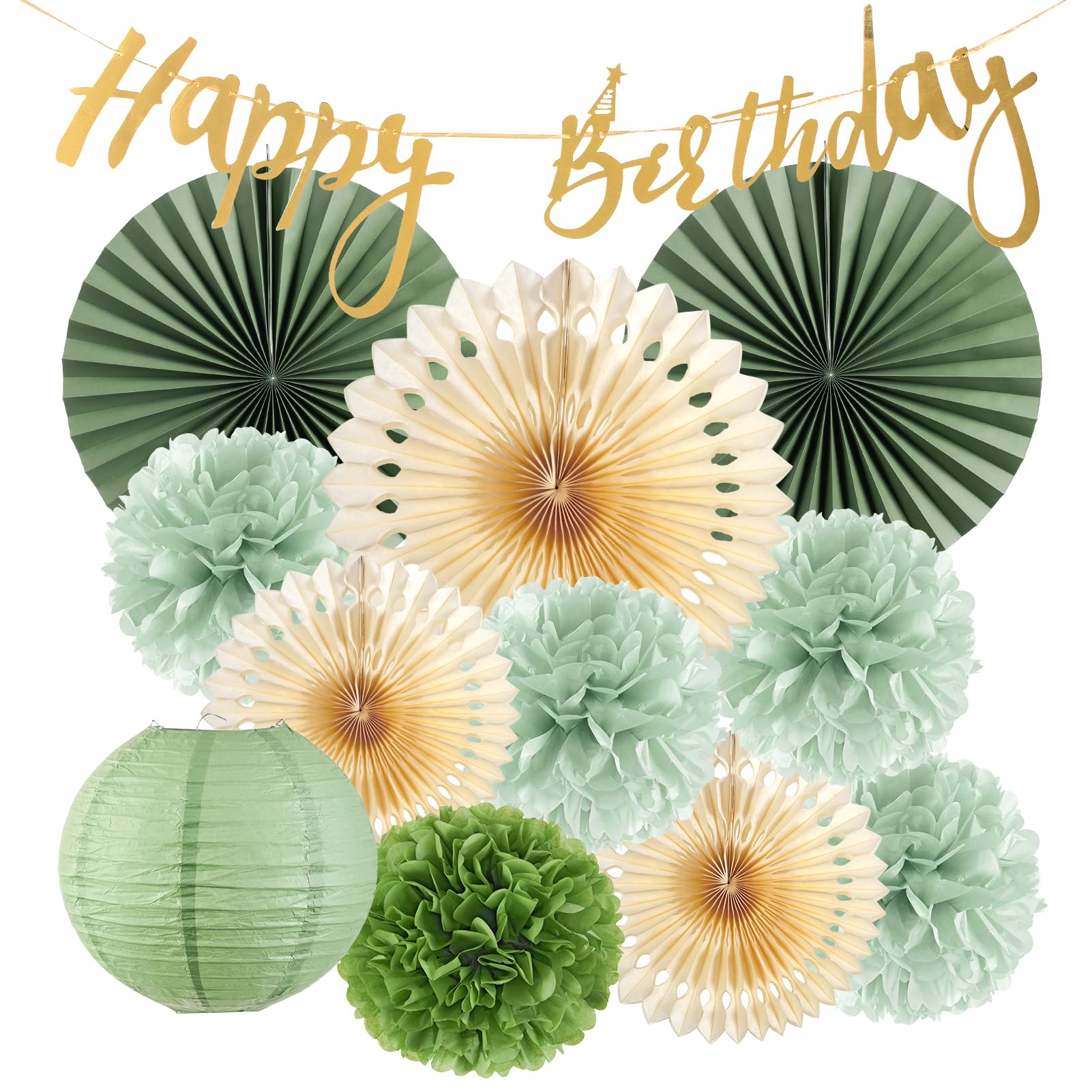 Sage Green Party Decorations Beige Tissue Paper Pom Poms Green Fans Lanterns Sage Party Decorations Boho Green Cream Party Decorations for Sage Birthday Wedding Bridal Baby Shower