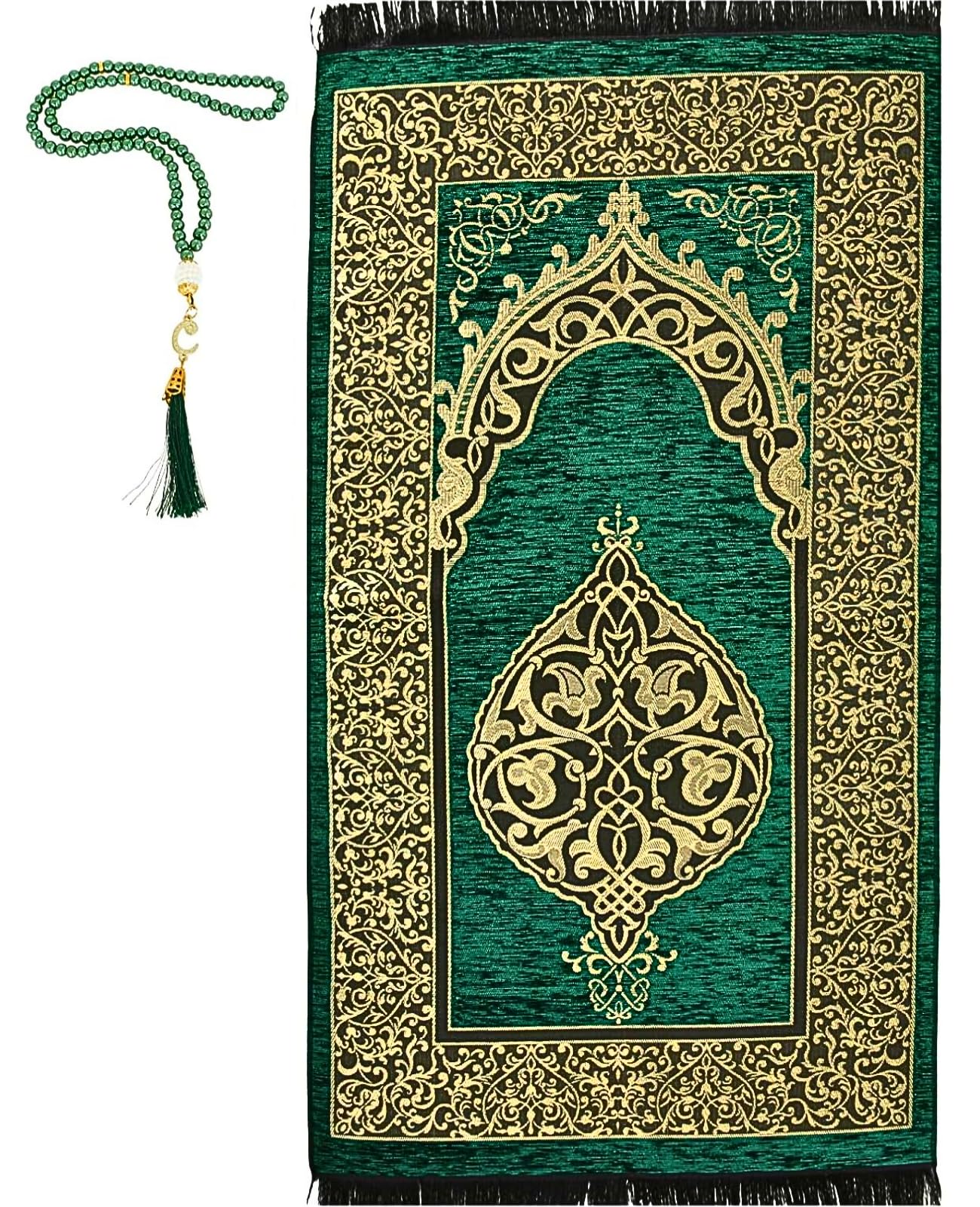 Prien Prayer Rug with Tasbih | Muslim Carpet | Praying Mat with Prayer Beads | Islamic Gifts for Women Men | Islam Portable Pray Set for Travel Kids Ramadan Namaz Hajj Umrah (Green)