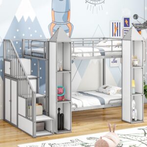 Favfurish Twin Over Twin Castle-Shaped Bunk Bed with Wardrobe,Open Storage cabinets,a Storage Staircase and guardrails,Metal Stairway BunkBed for Kids Boys/Girls/Teens,Gray+White