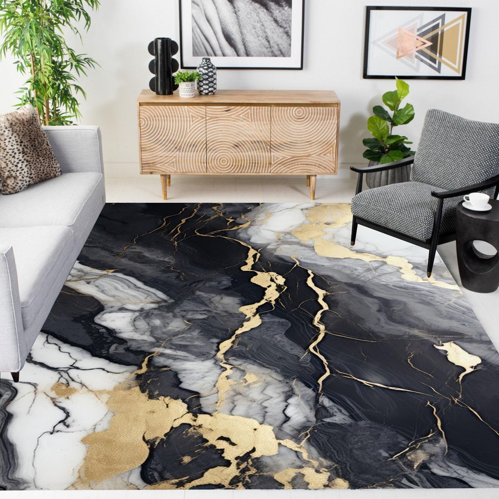 Black Grey Gold Marble Texture Modern Abstract Rug for Living Room Bedroom Diningroom Luxury Art Decor Home Office Guestroom Floor Carpet Indoor Outdoor Rug Mat 5x7