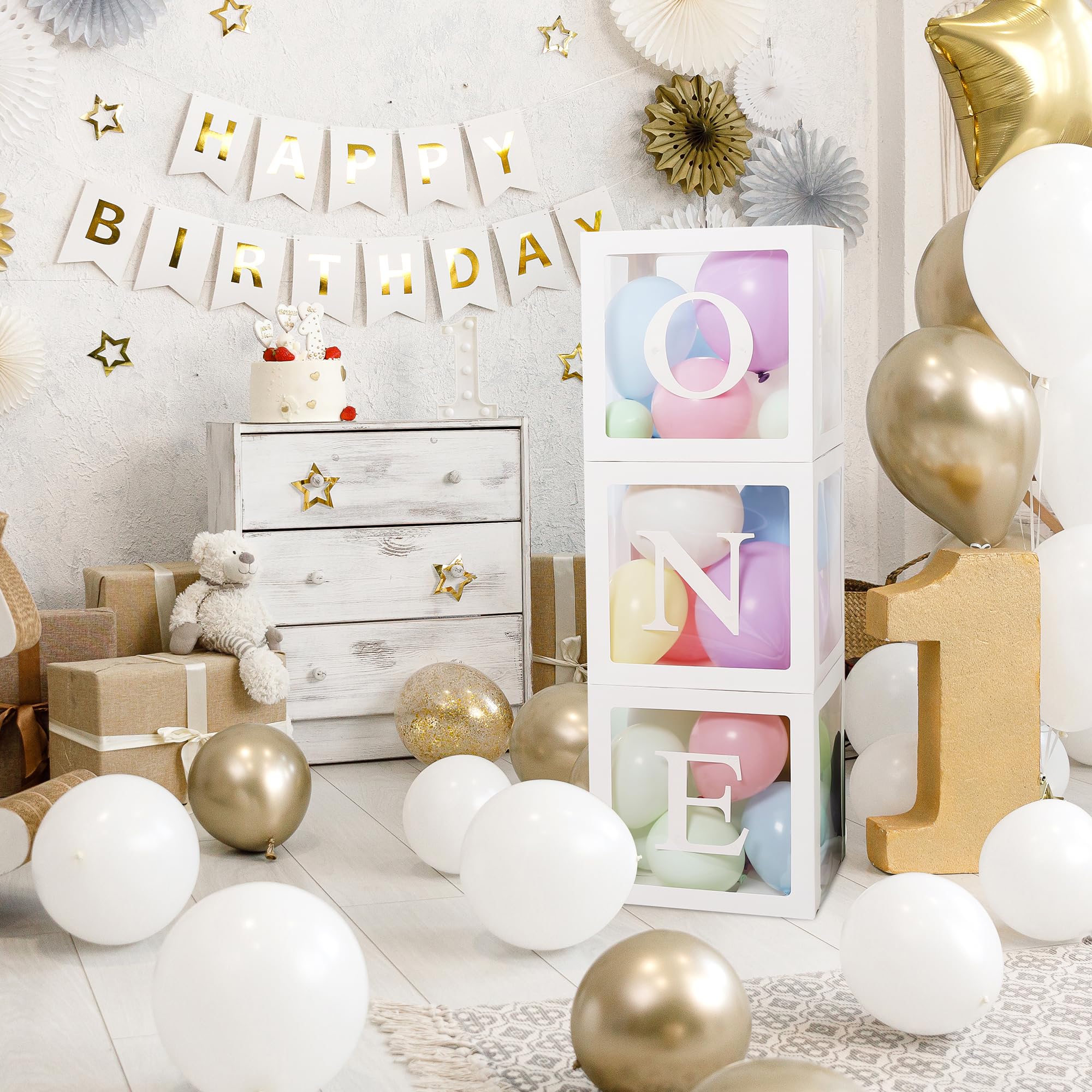 HPLYEL One Boxes for 1st Birthday, 3PCS Balloon Boxes Decorations for Baby Shower Birthday Decoration with ONE Letters for Boys and Girls 1 Year Old Birthday Party Backdrop Photoshoot Props (White)