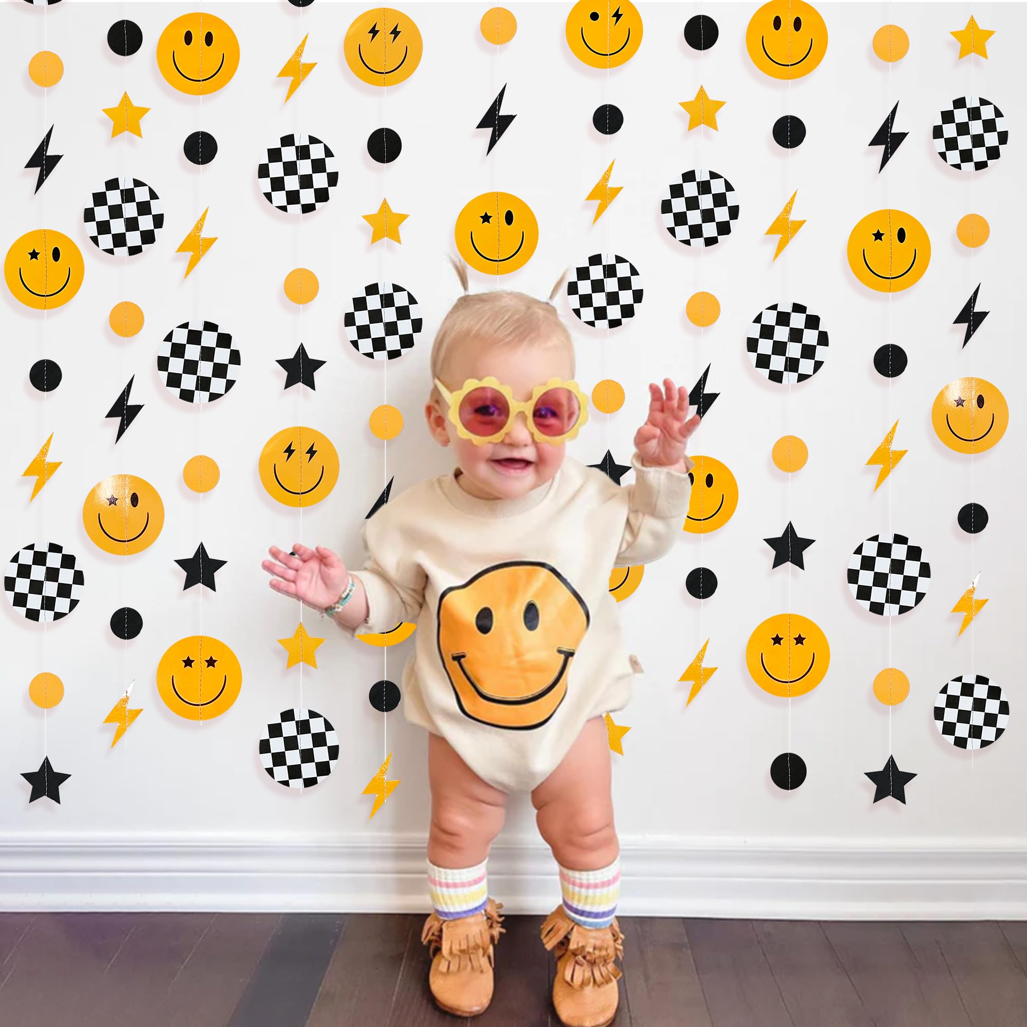 One Happy Dude 1st Birthday Decorations Black Yellow Smile Face Lightning Star Checkered Circle Dot Smiley Face Garland Streamer for Baby Shower First Birthday Wedding Hippie Party Decoration Supplies