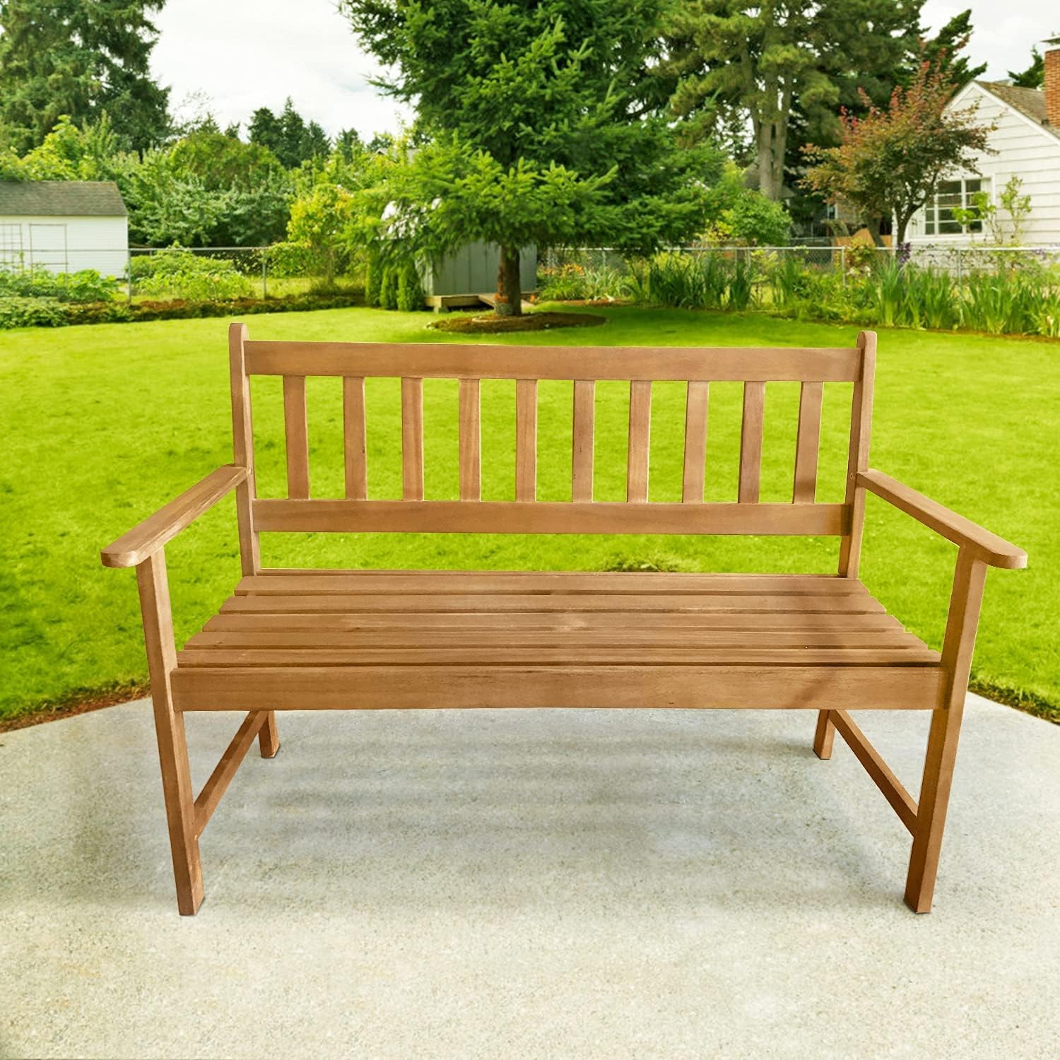 PayLessHere Patio Bench Natural Wooden with Armrests Sturdy Acacia Wood Front Porch Chair Concise Style Outdoor Wood Bench 2 Seats with Ergonomic Design，Natural