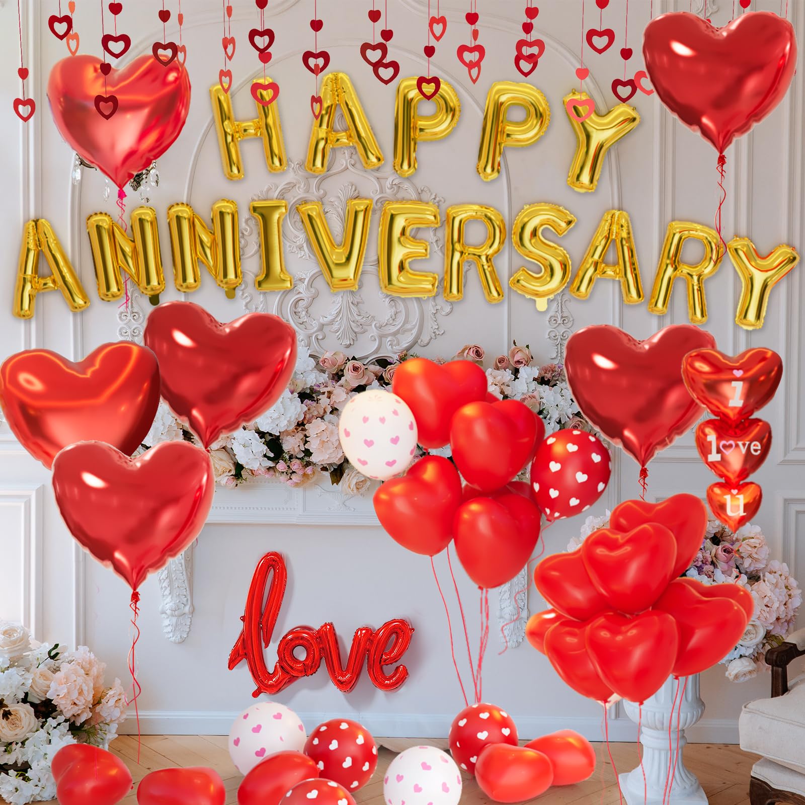 Anniversary Decorations for Bedroom, Happy Anniversary Banner, Red Heart Balloons, Heart Hanging String, Rose Petals, Ideal for Valentines Day, Anniversary Celebrations