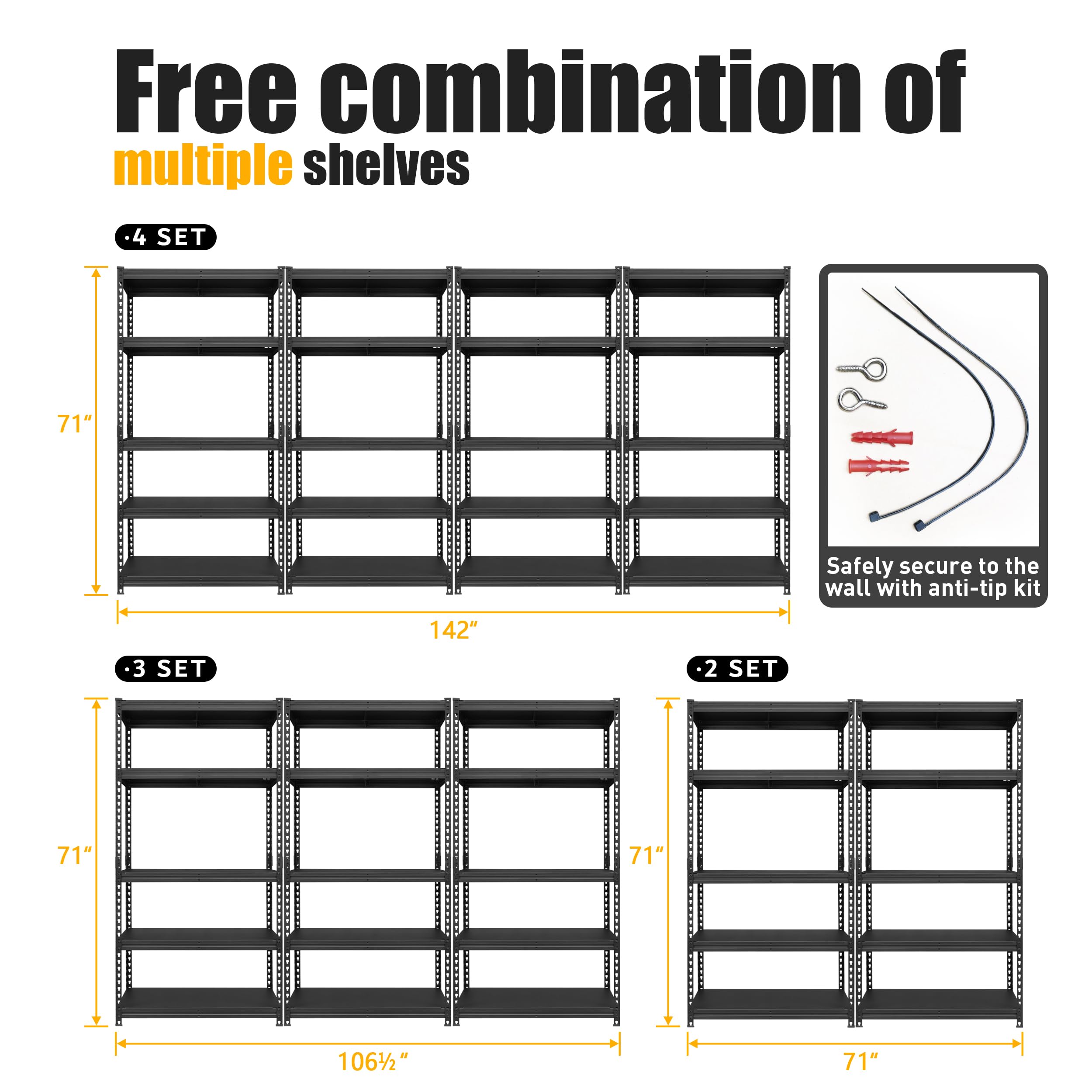 PrimeZone All Metal 36" W x 16" D x 71" H Storage Shelves - 5 Tier Heavy Duty Adjustable Garage Shelving Unit, Freestanding Utility Shelf Rack Organizer for Warehouse Pantry Kitchen, Black