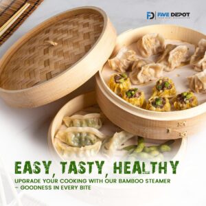 Bamboo Steamer Basket 10 Inch, Steamer for Cooking Rice, Vegetables, Meat, Fish and Chinese Asian Cuisine | 2 -Tier Dumpling Steamer, Dim Sum & Bao Bun Steamer with Chopsticks, 50 liners & Sauce Dish