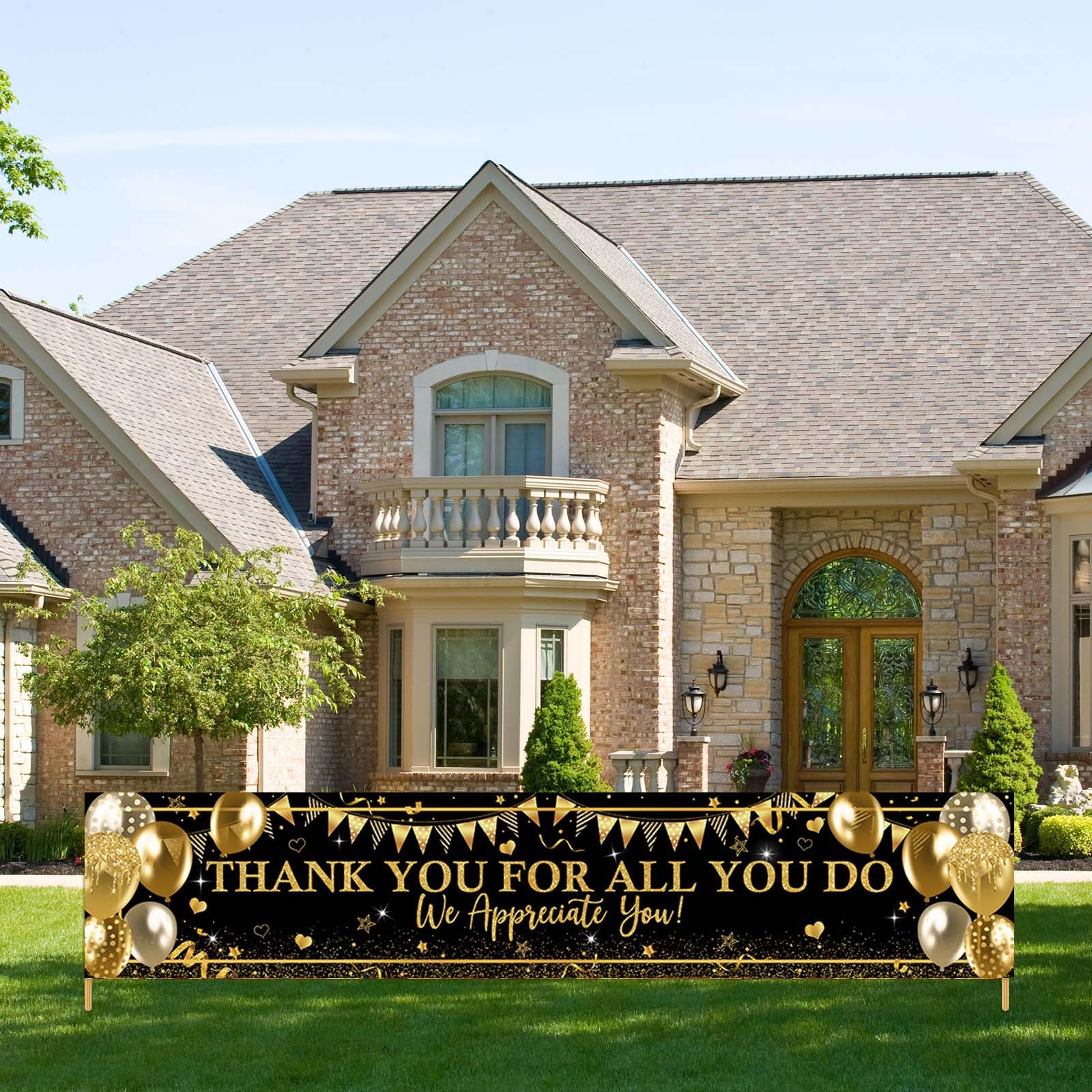 Avezano Thank You Banner Black and Gold Appreciation Party Decorations We Appreciate You Banner for Yard Lawn Thank You for All You Do Banner 98.4 x 19.6 Inch