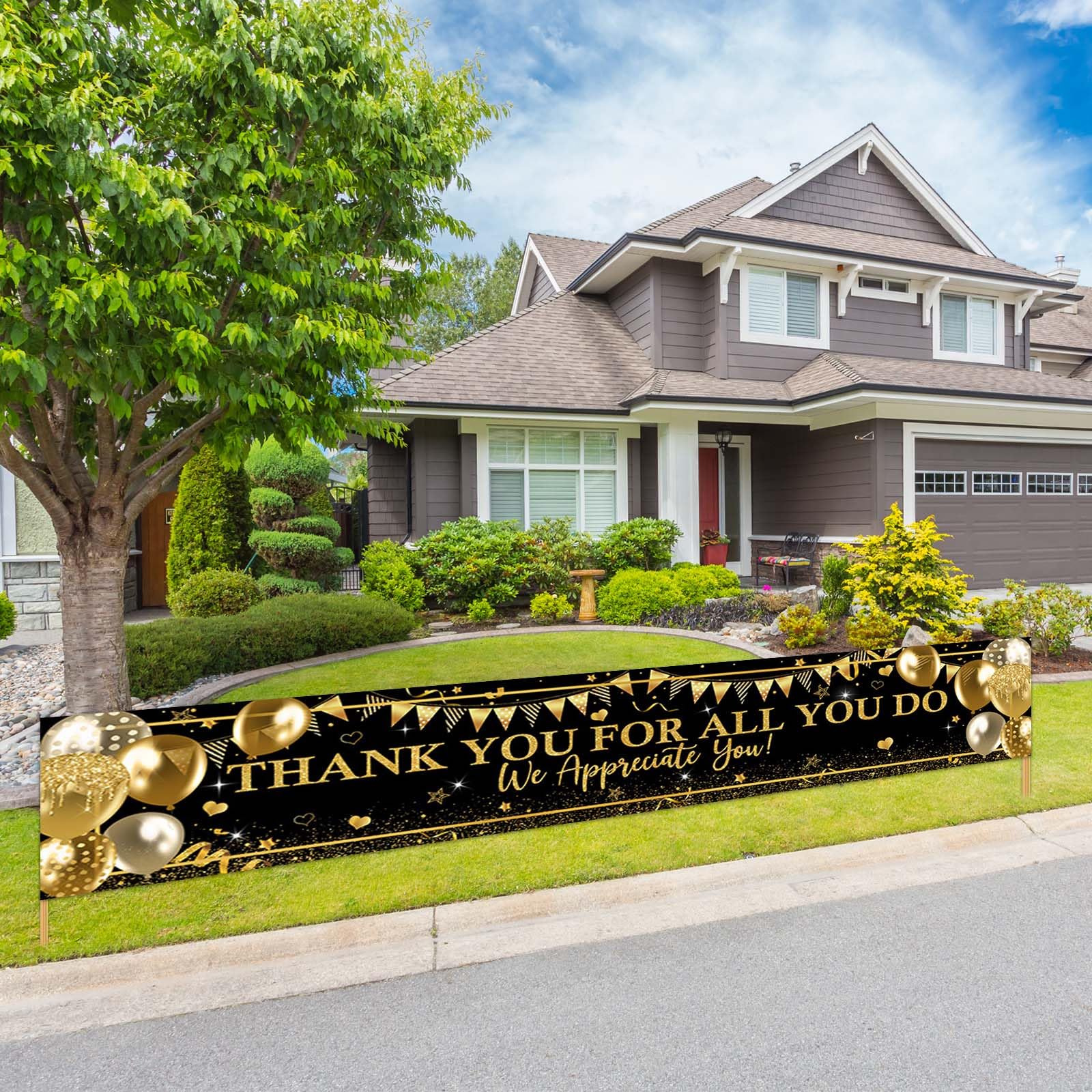 Avezano Thank You Banner Black and Gold Appreciation Party Decorations We Appreciate You Banner for Yard Lawn Thank You for All You Do Banner 98.4 x 19.6 Inch