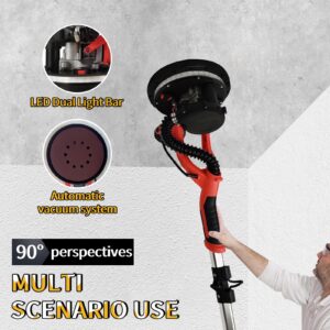 Drywall Sander with Vacuum, 950W High Power Foldable Popcorn Ceiling Removal Tool, 7-Speed ​​Variable, 900-2600RPM, with LED Light and 12 Grinding Wheels, Retractable Handle, for Sanding Walls, Floors