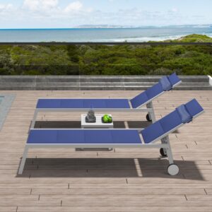 domi patio chaise lounge set of 3, adjustable full aluminum pool lounge chairs with wheels and side table, padded sunbathing lounger for deck lawn patio backyard,textilene - navy blue