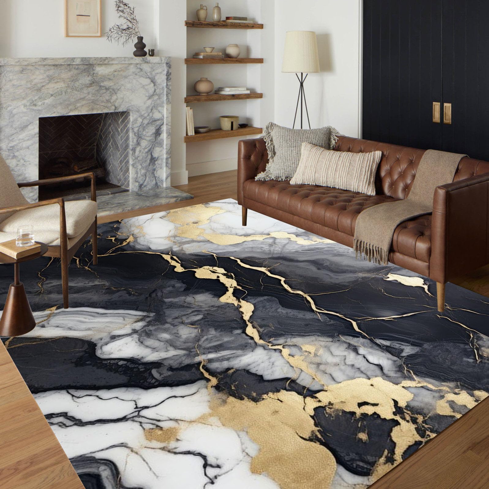 Black Grey Gold Marble Texture Modern Abstract Rug for Living Room Bedroom Diningroom Luxury Art Decor Home Office Guestroom Floor Carpet Indoor Outdoor Rug Mat 5x7