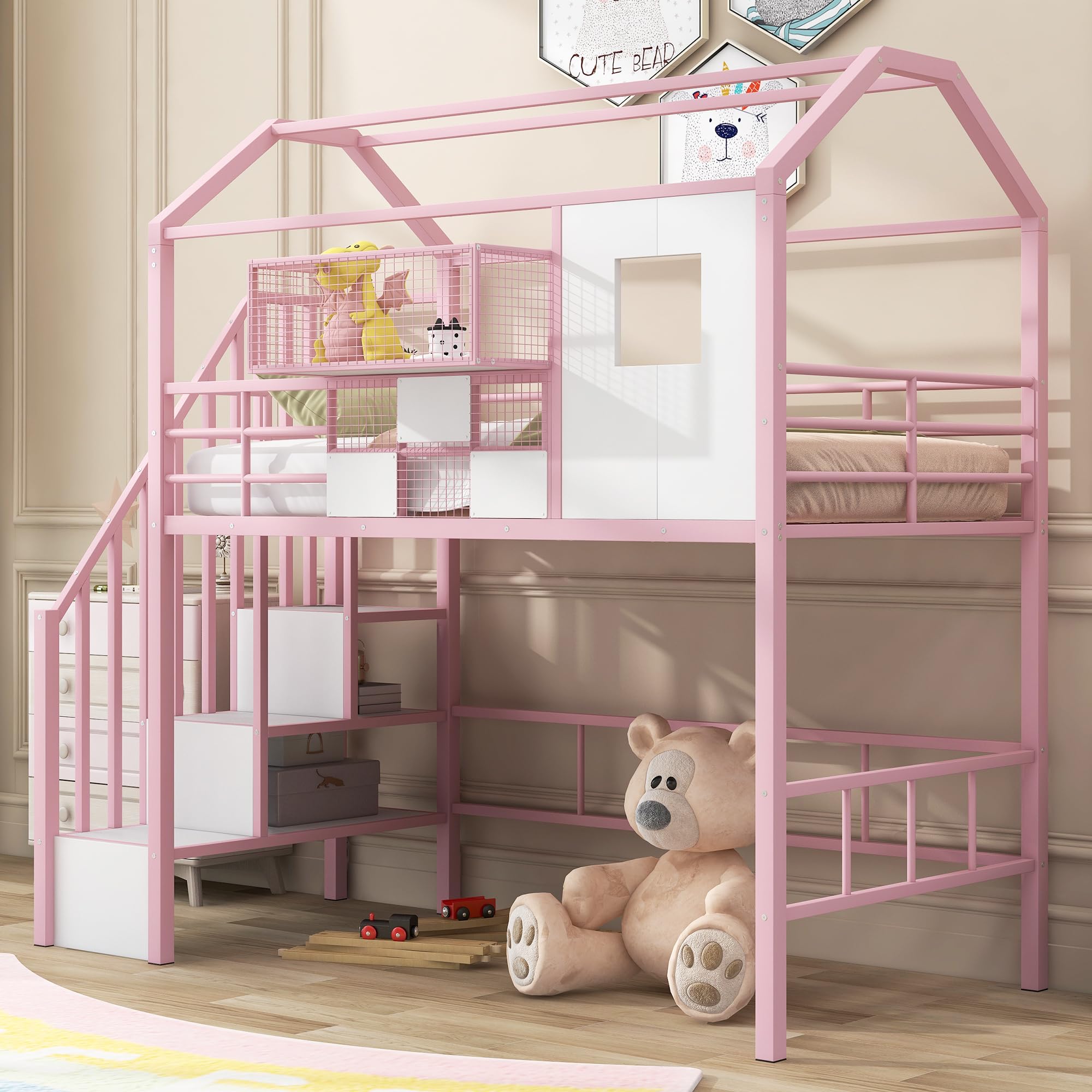 Unique Metal Twin Size House Loft Bed with Roof,Storage Stairs and a Storage Box,for Kids Girls Boys Teens Adults Bedroom Use (Pink@Stairs, Twin)