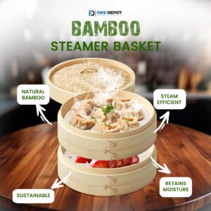 Bamboo Steamer Basket 10 Inch, Steamer for Cooking Rice, Vegetables, Meat, Fish and Chinese Asian Cuisine | 2 -Tier Dumpling Steamer, Dim Sum & Bao Bun Steamer with Chopsticks, 50 liners & Sauce Dish