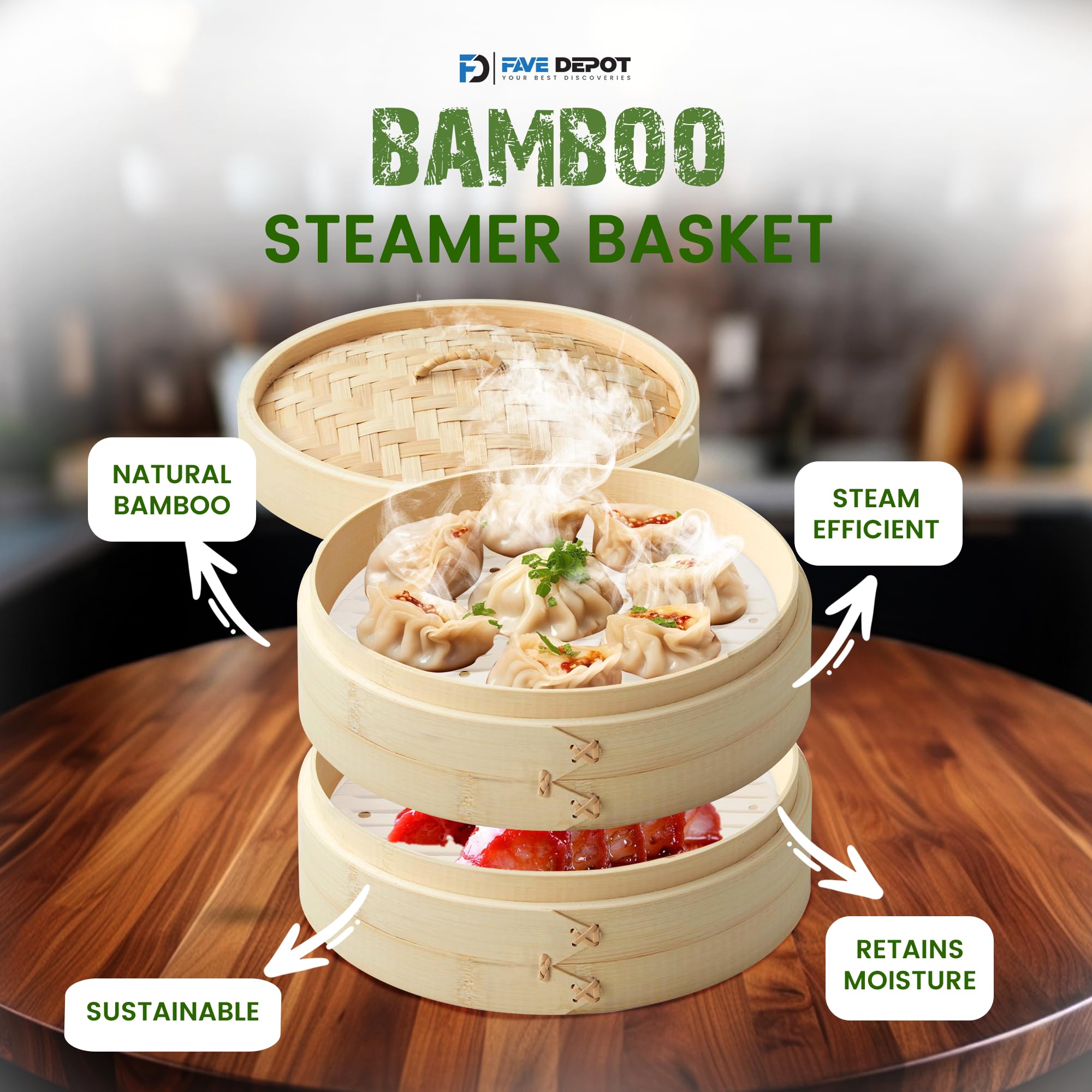 Bamboo Steamer Basket 10 Inch, Steamer for Cooking Rice, Vegetables, Meat, Fish and Chinese Asian Cuisine | 2 -Tier Dumpling Steamer, Dim Sum & Bao Bun Steamer with Chopsticks, 50 liners & Sauce Dish