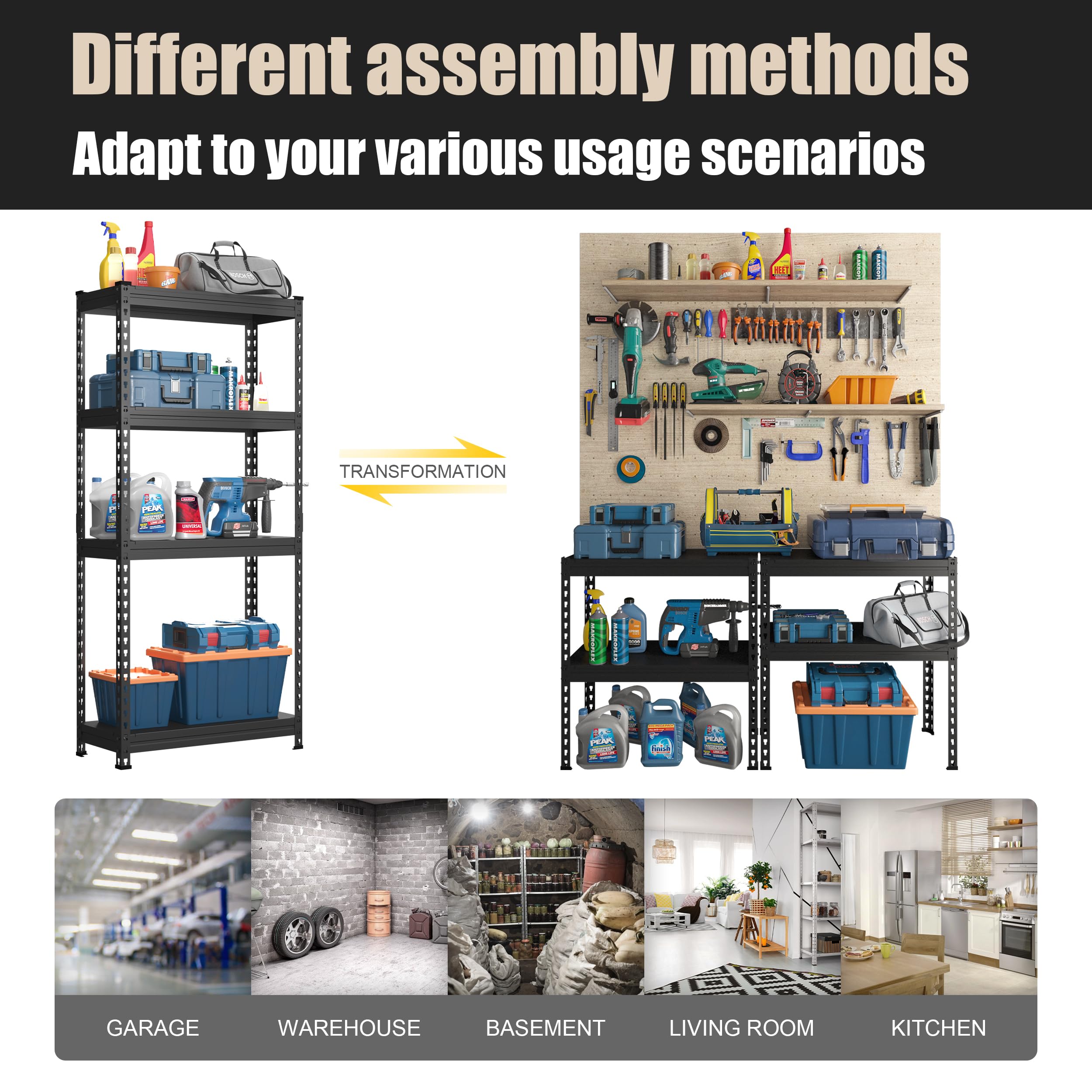 PrimeZone All Metal 36" W x 16" D x 71" H Storage Shelves - 5 Tier Heavy Duty Adjustable Garage Shelving Unit, Freestanding Utility Shelf Rack Organizer for Warehouse Pantry Kitchen, Black