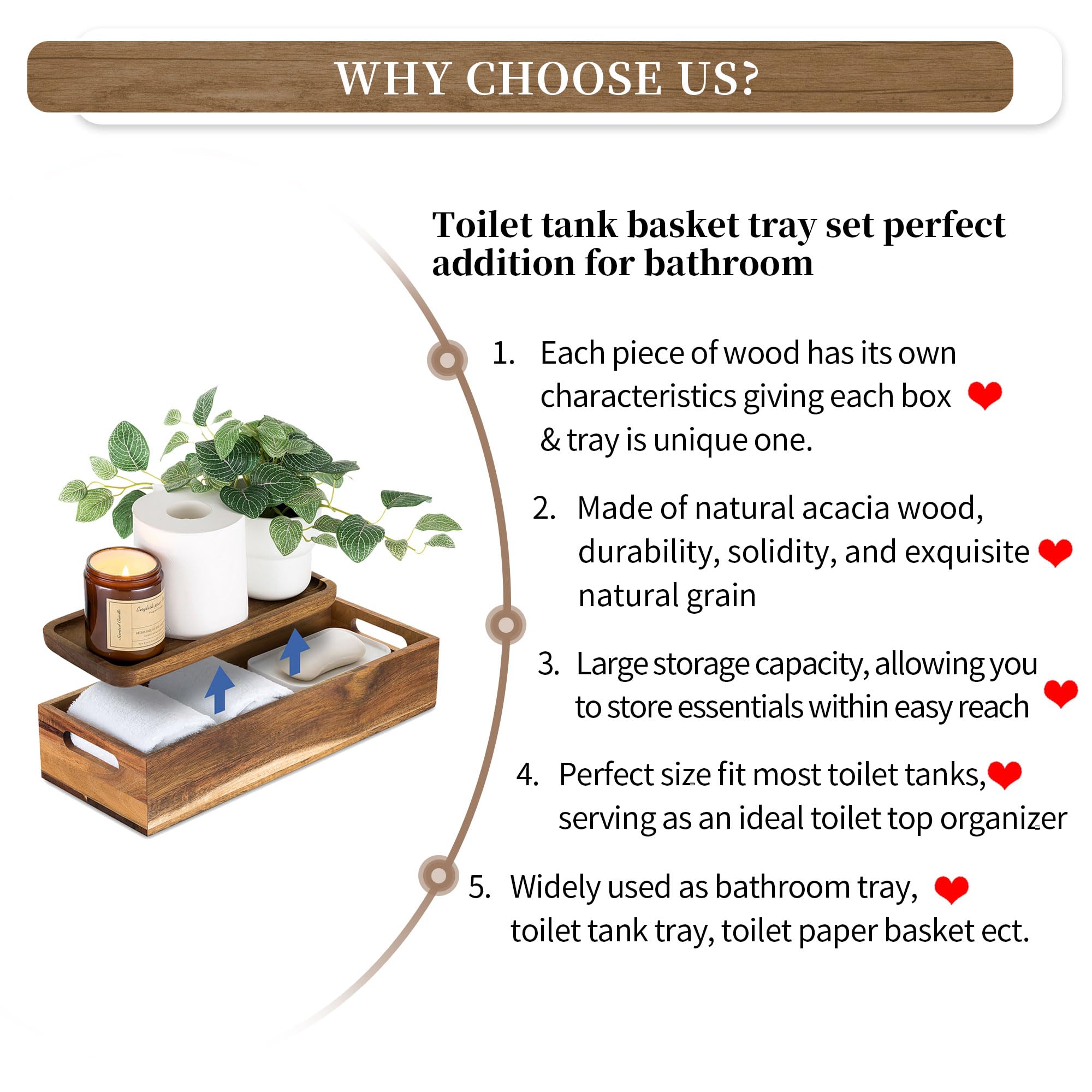 Toilet Tank Basket Wood Bathroom: Hanobe Set of 2 Wooden Toilet Paper Basket Topper with Vanity Tray Back of Toilet Organizer Acacia Toiletry Storage Holder Box