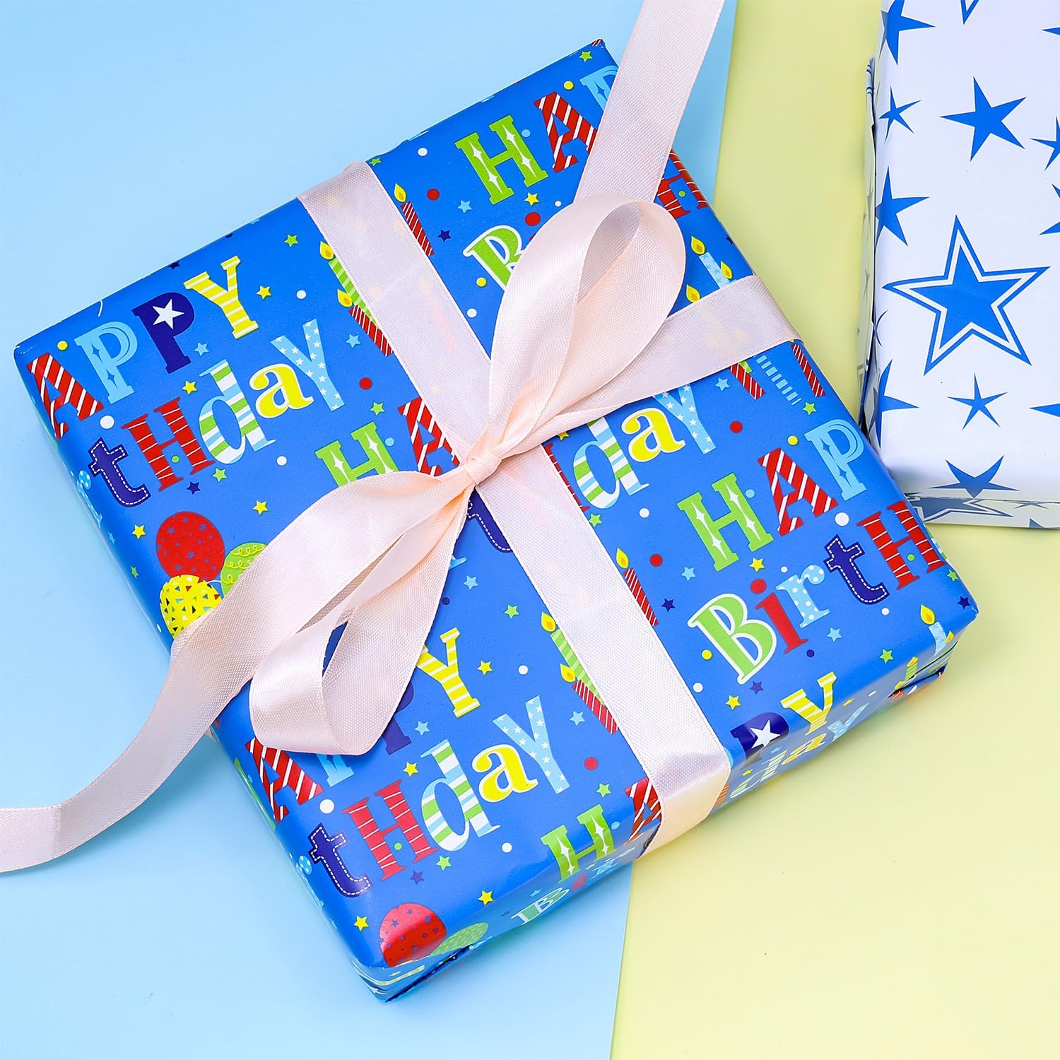 BOLIANNE Reversible Birthday Wrapping Paper for Boys Girls Kids Adults Baby Shower - Colorful Happy Birthday Gift Wrap Paper for Party - Gift Wrapping Paper Roll, 17.7 Inch X 33 Feet, High Gloss