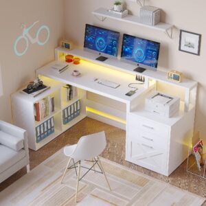 vagaconl l-shaped desk, 65 inch computer desk corner desk with power outlet with 3 drawers and 4 storage shelves, home office desk with monitor stand, led light strip and file cabinet, printer stand