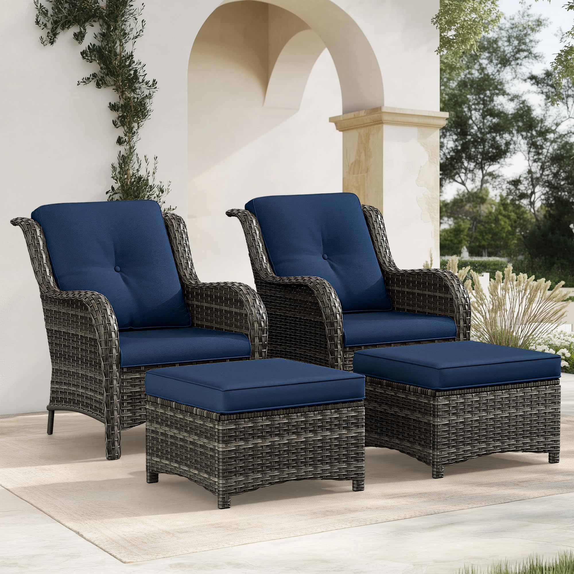 Gardenbee 4 Pieces Patio Conversation Set, Wicker Chairs Set of 2 and Two Ottomans with 3.5-inch Seat Cushions, High Back and Curved Armrest for Backyard, Balcony and Deck, Blue