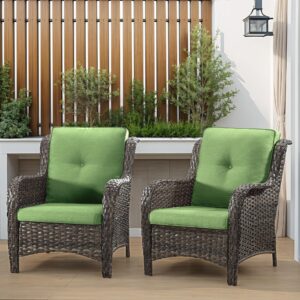 gardenbee patio wicker chairs set of 2, patio rattan dining chairs with 3.5-inch seat cushions, high back and curved armrest for garden, backyard, balcony and deck, green