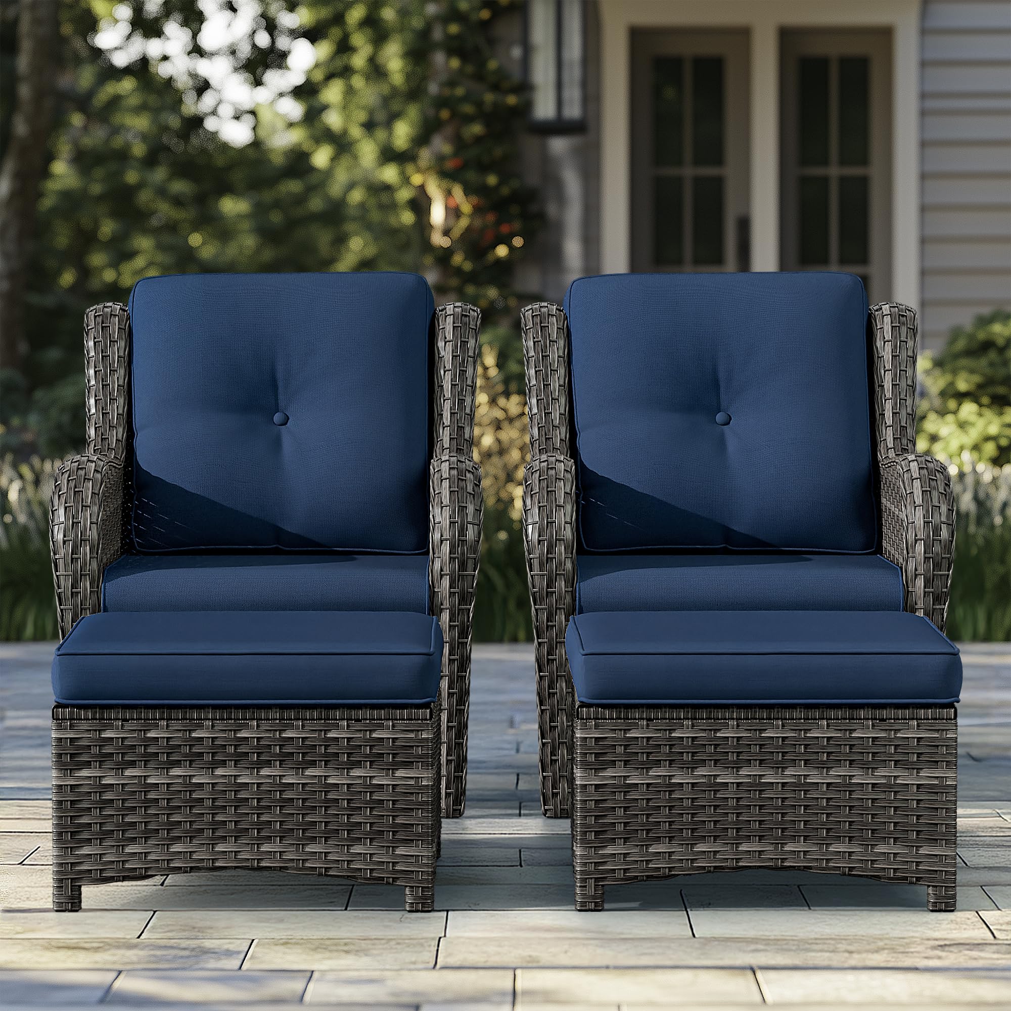 Gardenbee 4 Pieces Patio Conversation Set, Wicker Chairs Set of 2 and Two Ottomans with 3.5-inch Seat Cushions, High Back and Curved Armrest for Backyard, Balcony and Deck, Blue