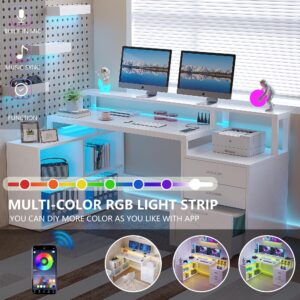 Vagaconl L-Shaped Desk, 65 Inch Computer Desk Corner Desk with Power Outlet with 3 Drawers and 4 Storage Shelves, Home Office Desk with Monitor Stand, LED Light Strip and File Cabinet, Printer Stand