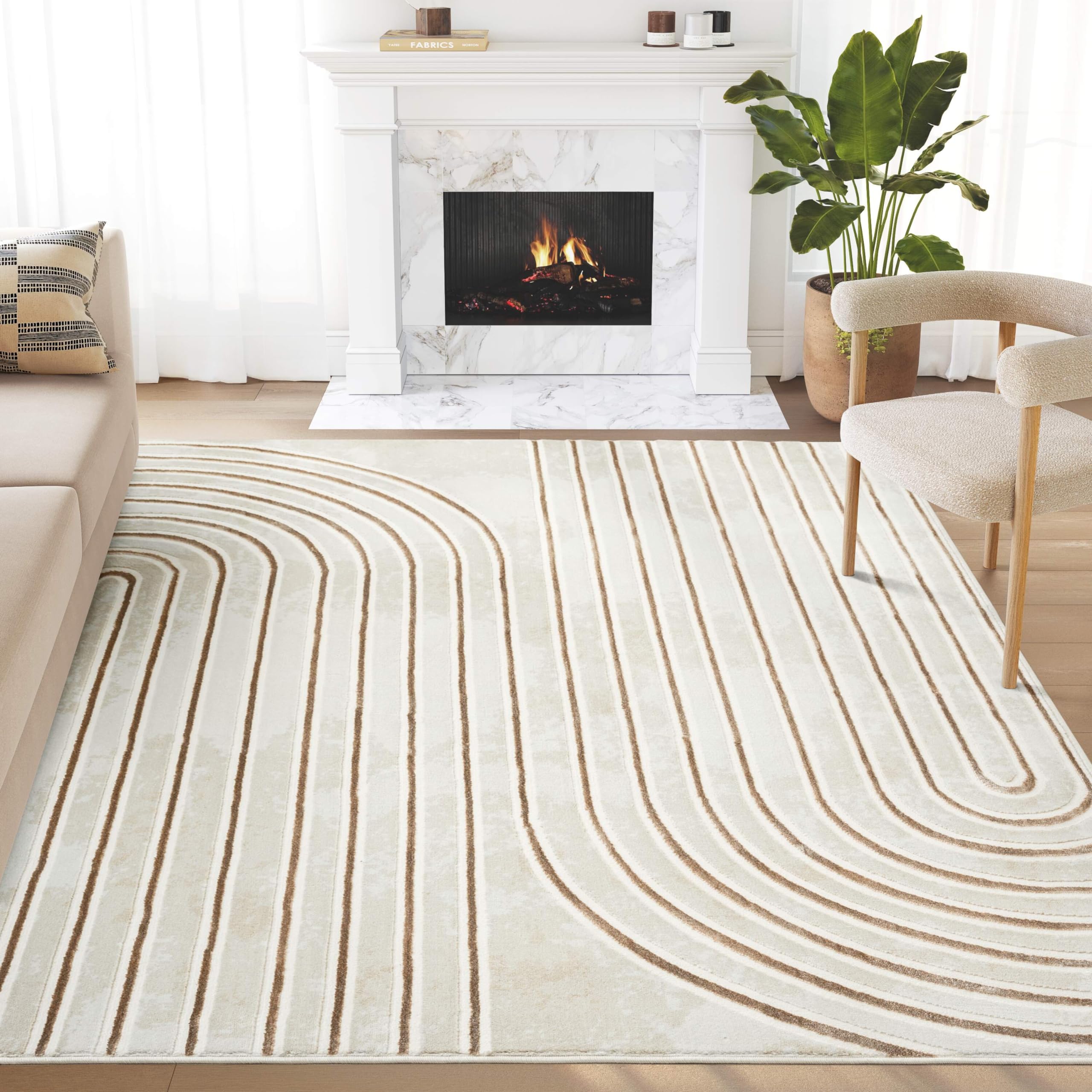 Abani Glam Collection Area Rug - Beige/Cream Modern Abstract Design - 6' x 9' - for Living Room, Bedroom & Office