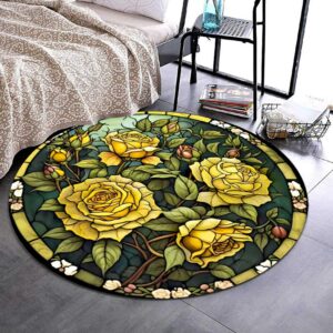 LHOMKCV Vintage Floral Round Area Rug,4ft,Yellow Roses Green Leaves on Dark Green Background Design Rugs, Non Slip Washable Throw Rug Carpet, Rustic Circle Rug for Kitchen Bedroom Living Room