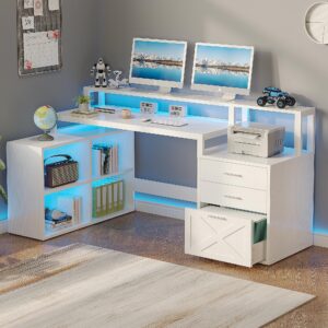 Vagaconl L-Shaped Desk, 65 Inch Computer Desk Corner Desk with Power Outlet with 3 Drawers and 4 Storage Shelves, Home Office Desk with Monitor Stand, LED Light Strip and File Cabinet, Printer Stand