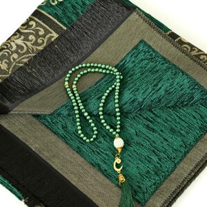 Prien Prayer Rug with Tasbih | Muslim Carpet | Praying Mat with Prayer Beads | Islamic Gifts for Women Men | Islam Portable Pray Set for Travel Kids Ramadan Namaz Hajj Umrah (Green)