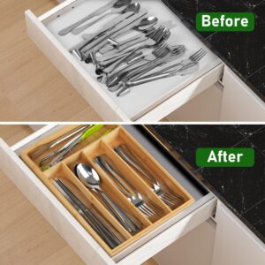 LotFancy Silverware Organizer, Bamboo Drawer Organizer for Kitchen Utensils, Flatware Holder, Silverware Tray for Cutlery Fork Spoon Storage