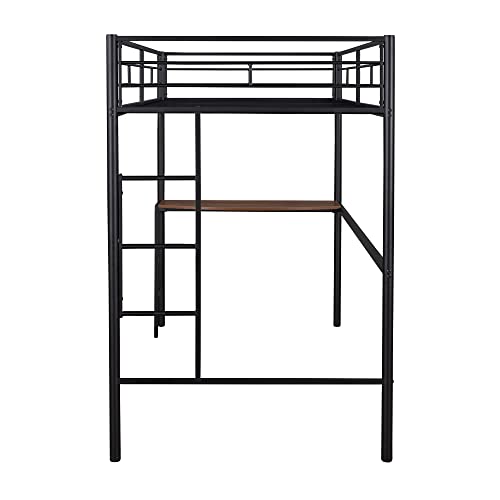 RORIGAT Twin Metal Loft Bed with Desk, Ladder and Guardrails, Loft Bed for Kids Teens Adults,Black