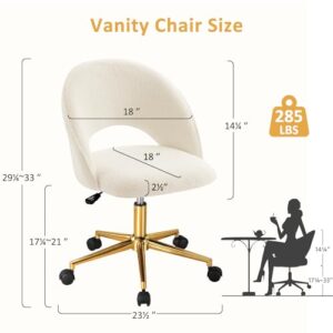 Furniliving Vanity Accent Chair, Modern Cute Round Desk Chairs Adjustment Height Swivel Chair with Wheels Upholstered Sherpa Gold Metal Base for Makeup Living Room Bedroom,White