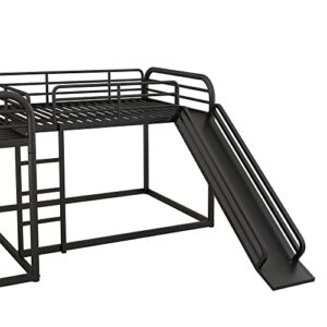 RORIGAT Quad Bunk Bed with Slide, L Shaped Bunk Bed for 4, Heavy-Duty Metal Floor Bunk Bed Frame Full and Twin Size for Kids Teens Girls Boys,Black