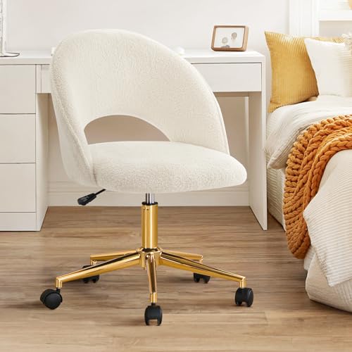 Furniliving Vanity Accent Chair, Modern Cute Round Desk Chairs Adjustment Height Swivel Chair with Wheels Upholstered Sherpa Gold Metal Base for Makeup Living Room Bedroom,White