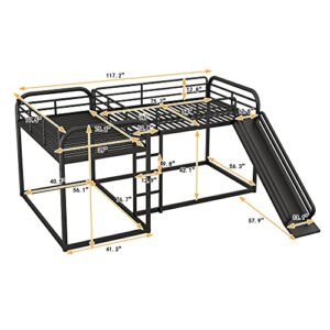 RORIGAT Quad Bunk Bed with Slide, L Shaped Bunk Bed for 4, Heavy-Duty Metal Floor Bunk Bed Frame Full and Twin Size for Kids Teens Girls Boys,Black