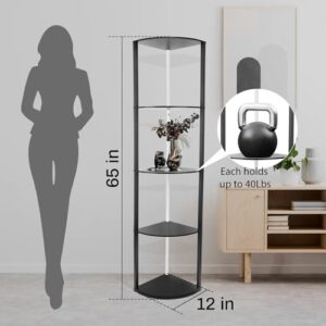 XIIW 5 Tiers Corner Shelf with Light, RGB LED Corner Bookshelf Standing Floor Lamp via App and Remote Control, Modern Corner Display Cabinet with Storage Rack for Living Room Bedroom Home