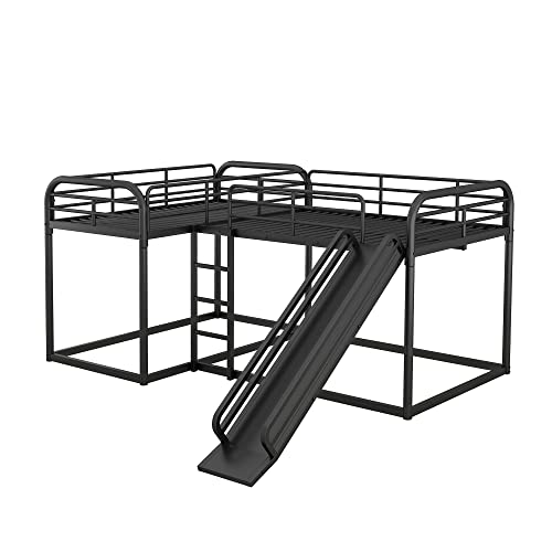 RORIGAT Quad Bunk Bed with Slide, L Shaped Bunk Bed for 4, Heavy-Duty Metal Floor Bunk Bed Frame Full and Twin Size for Kids Teens Girls Boys,Black