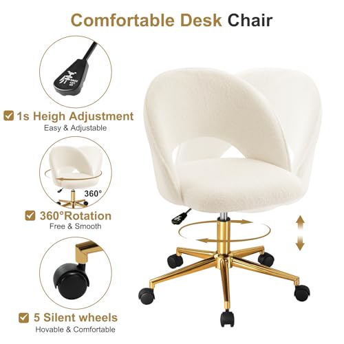 Furniliving Vanity Accent Chair, Modern Cute Round Desk Chairs Adjustment Height Swivel Chair with Wheels Upholstered Sherpa Gold Metal Base for Makeup Living Room Bedroom,White