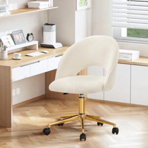 Furniliving Vanity Accent Chair, Modern Cute Round Desk Chairs Adjustment Height Swivel Chair with Wheels Upholstered Sherpa Gold Metal Base for Makeup Living Room Bedroom,White